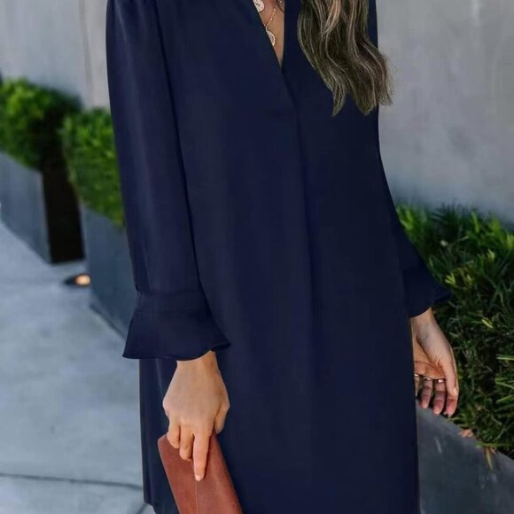 Women's Summer Casual V Neck Shift Dress Long Sleeve Polyester Size Large - Picture 2 of 5